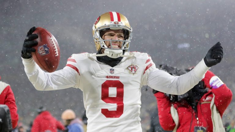 San Francisco 49ers' Robbie Gould celebrates after an NFC divisional playoff NFL football game against the Green Bay Packers Saturday, Jan. 22, 2022, in Green Bay, Wis. The 49ers won 13-10 to advance to the NFC Championship game. (Aaron Gash/AP)