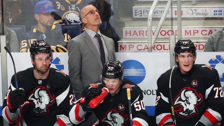 Buffalo Sabres coach Don Granato looks up during the third period of the team's NHL hockey game against the Columbus Blue Jackets on Tuesday, Dec. 19, 2023, in Buffalo, N.Y. (AP)