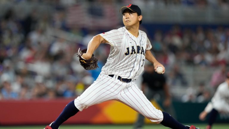 Japan pitcher Shota Imanaga throws during first inning of a World Baseball Classic championship game against the United States, Tuesday, March 21, 2023, in Miami. (Wilfredo Lee/AP)