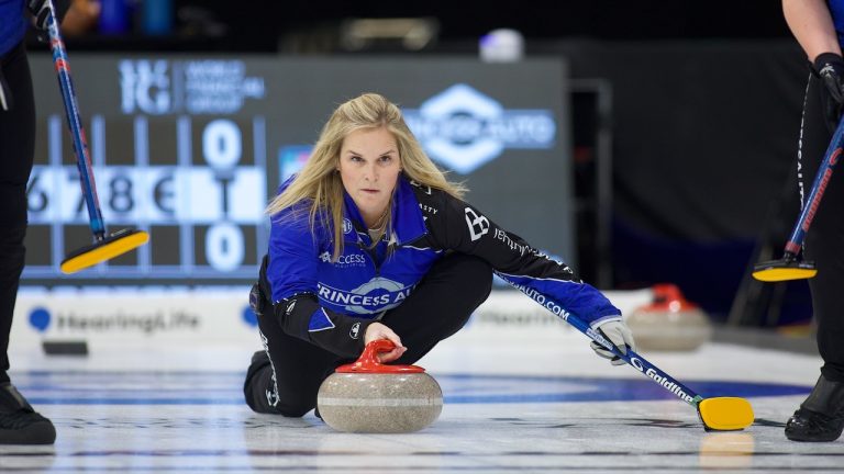 Jennifer Jones shoots a stone during the WFG Masters on Wednesday, Dec. 13, 2023, at Merlis Belsher Place in Saskatoon. (Anil Mungal/GSOC)