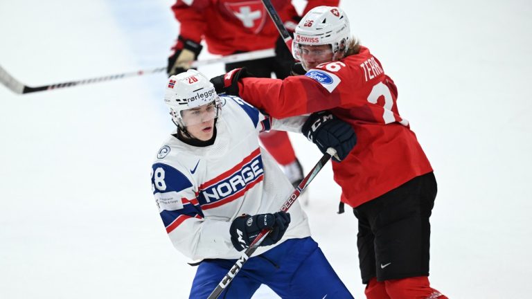 Norway's Michael Brandsegg-Nygard, left, and Switzerland's Simone Terraneo in action during the IIHF World Junior Championship group B ice hockey match between Switzerland and Norway at Frolundaborg arena in Gothenburg, Sweden, Saturday Dec. 30, 2023. (Bjorn Larsson Rosvall/TT News Agency via AP)