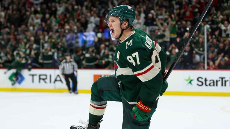 Minnesota Wild left wing Kirill Kaprizov (97) celebrates after his winning goal against the Montreal Canadiens during overtime of an NHL hockey game. (Matt Krohn/AP)