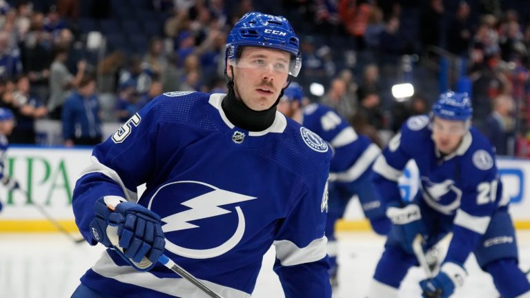 Tampa Bay Lightning left winger Cole Koepka (45) wears a protective neck guard before an NHL hockey game. (Chris O'Meara/AP)