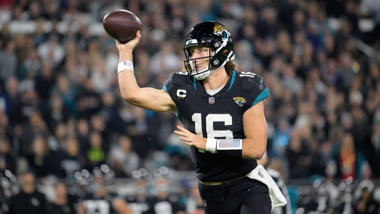 Jacksonville Jaguars quarterback Trevor Lawrence (16) throws a pass during the second half of an NFL football game against the Cincinnati Bengals, Monday, Dec. 4, 2023, in Jacksonville, Fla. (Phelan M. Ebenhack/AP)