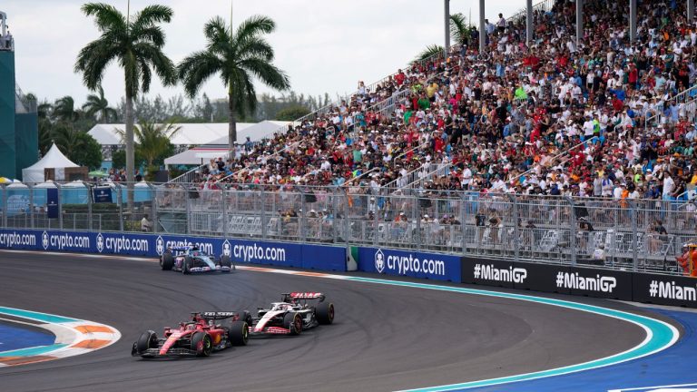 Charles Leclerc (16) leads Kevin Magnussen (20) of and Esteban Ocon (31) during the Formula One Miami Grand Prix auto race at the Miami International Autodrome, Sunday, May 7, 2023, in Miami Gardens, Fla. (Rebecca Blackwell/AP)