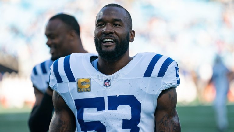 Indianapolis Colts linebacker Shaquille Leonard (53) warms up before an NFL football game against the Carolina Panthers Sunday, Nov. 5, 2023, in Charlotte, N.C. (Jacob Kupferman/AP)