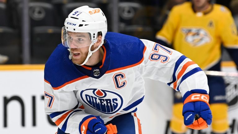 Edmonton Oilers center Connor McDavid (97) plays against the Nashville Predators during the first period of an NHL hockey game Tuesday, Oct. 17, 2023, in Nashville, Tenn.(Mark Zaleski/AP)