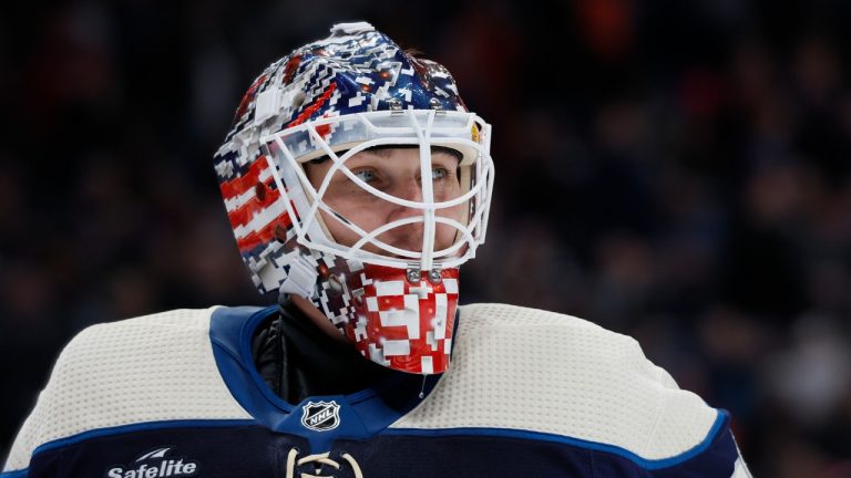 Columbus Blue Jackets goalie Elvis Merzlikins. (Jay LaPrete/AP)