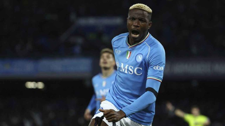 Napoli's Victor Osimhen celebrates scoring, during the Italian Serie A soccer match between Napoli and Cagliari Calcio, at the Diego Armando Maradona stadium. (Alessandro Garofalo/AP)
