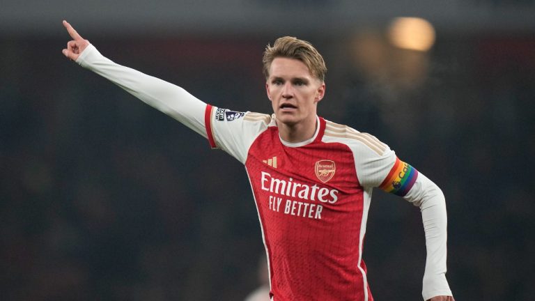 Arsenal's Martin Odegaard during the English Premier League soccer match between Arsenal and Wolverhampton Wanderers at the Emirates Stadium, in London, England, Saturday, Dec. 2, 2023. (Alastair Grant/AP)