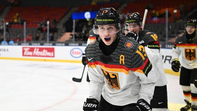 Germany's Veit Oswald celebrates after scoring during the IIHF World Junior Championship group A ice hockey match between Finland and Germany at Scandinavium in Gothenburg, Sweden, Wednesday, Dec. 27, 2023. (Björn Larsson Rosvall /TT News Agency via AP)