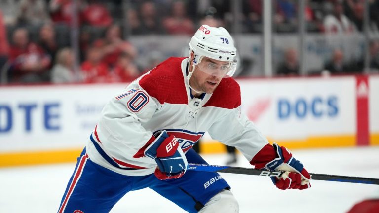 Montreal Canadiens left wing Tanner Pearson (70) plays against the Detroit Red Wings in the third period of an NHL hockey game Thursday, Nov. 9, 2023, in Detroit. (Paul Sancya/AP Photo)