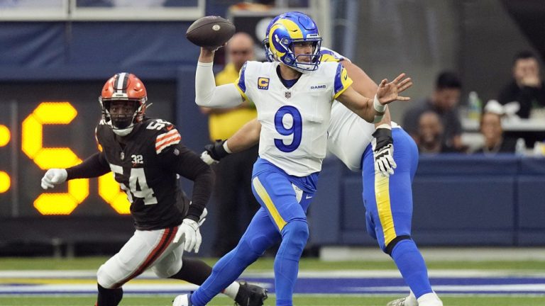 Los Angeles Rams quarterback Matthew Stafford (9) throws on the run against the Cleveland Browns during the first half of an NFL football game Sunday, Dec. 3, 2023, in Inglewood, Calif. (Mark J. Terrill/AP)