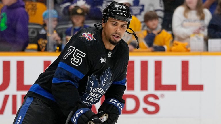 Toronto Maple Leafs right wing Ryan Reaves (75) warms up before an NHL hockey game against the Nashville Predators, Saturday, Oct. 28, 2023, in Nashville, Tenn. (George Walker IV/AP)