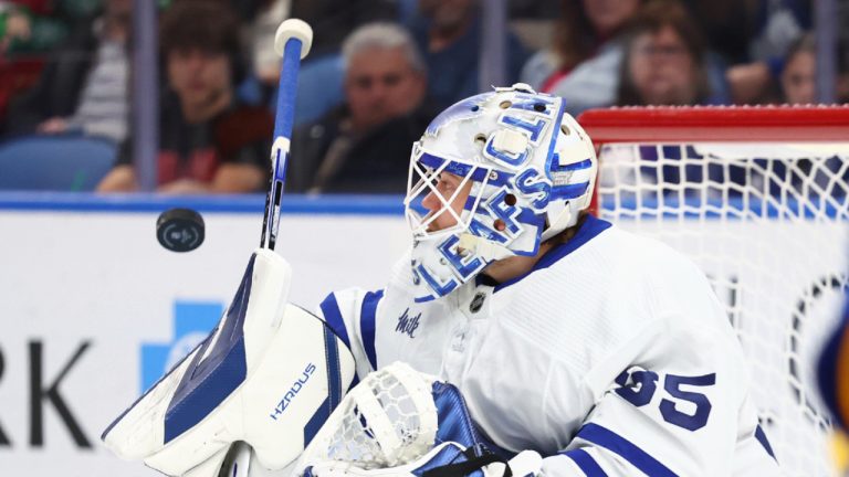 Toronto Maple Leafs goaltender Ilya Samsonov makes a blocker save during the first period of an NHL hockey game against the Buffalo Sabres, Thursday, Dec. 21, 2023, in Buffalo, N.Y. (Jeffrey T. Barnes/AP)