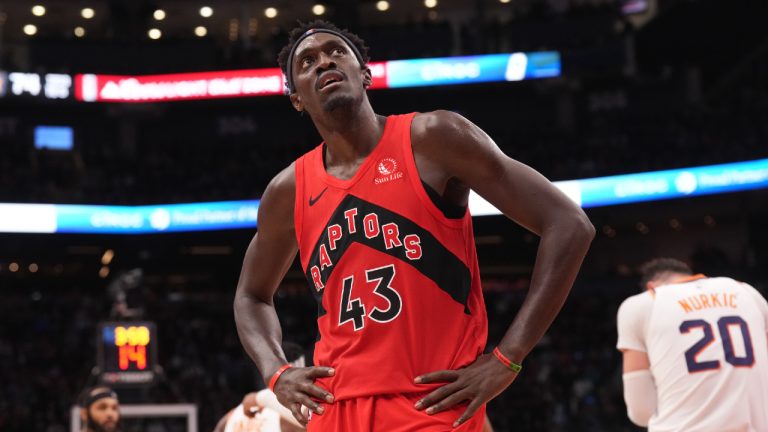 Toronto Raptors' Pascal Siakam reacts during NBA basketball action against the Phoenix Suns in Toronto on Wednesday, November 29 2023. Siakam can't deny that the Toronto Raptors have taken some hard knocks after after a four-game skid and six losses in their past seven games. (Chris Young/CP)