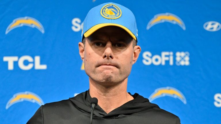 Los Angeles Chargers head coach Brandon Staley attends a news conference after an NFL football game, Thursday, Dec. 14, 2023, in Las Vegas. (David Becker/AP Photo)