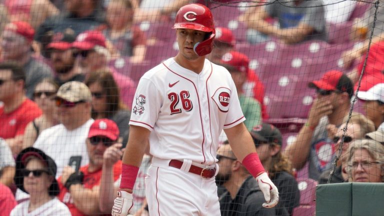 Cincinnati Reds' TJ Hopkins (26) plays during a baseball game against the Milwaukee Brewers in Cincinnati, Sunday, June 4, 2023. (AP Photo/Jeff Dean)