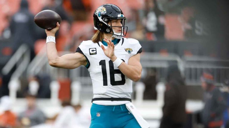 Jacksonville Jaguars quarterback Trevor Lawrence warms up during pregame of an NFL football game against the Cleveland Browns. (Ron Schwane/AP)