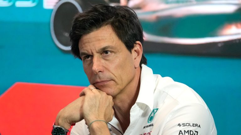 Mercedes team principal Toto Wolff listens during a news conference in advance of the Formula One Miami Grand Prix auto race, Friday, May 5, 2023, at the Miami International Autodrome in Miami Gardens, Fla. (Lynne Sladky/AP)