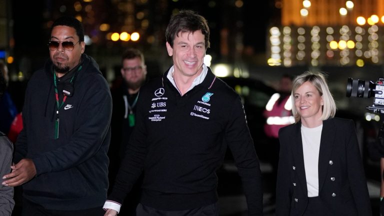 Mercedes team principal Toto Wolff arrives with his wife Susie during the Formula One Las Vegas Grand Prix auto race, Saturday, Nov. 18, 2023, in Las Vegas. (Nick Didlick/AP)