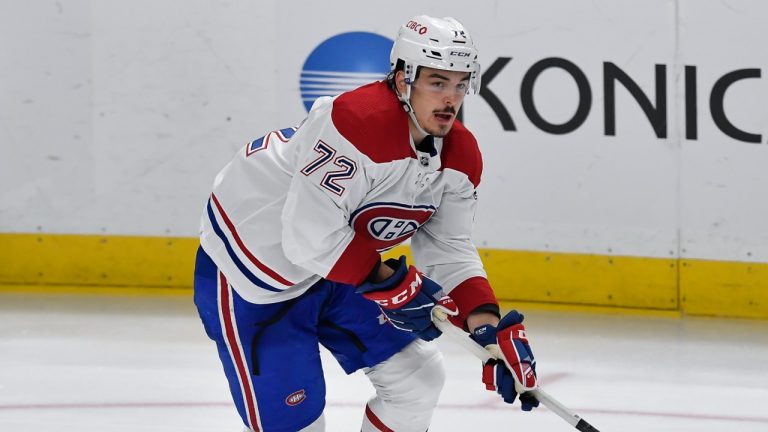 Montreal Canadiens defenceman Arber Xhekaj (72) skates with the puck during the third period of an NHL hockey game against the Buffalo Sabres in Buffalo, N.Y., Monday, Oct. 23, 2023. (Adrian Kraus/AP)