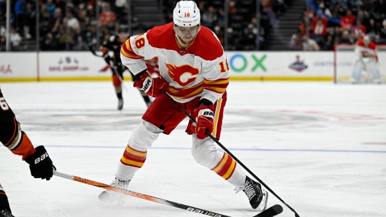 Calgary Flames left wing A.J. Greer takes a shot against the Anaheim Ducks during the second period of an NHL hockey game in Anaheim, Calif., Thursday, Dec. 21, 2023. (Alex Gallardo/AP)