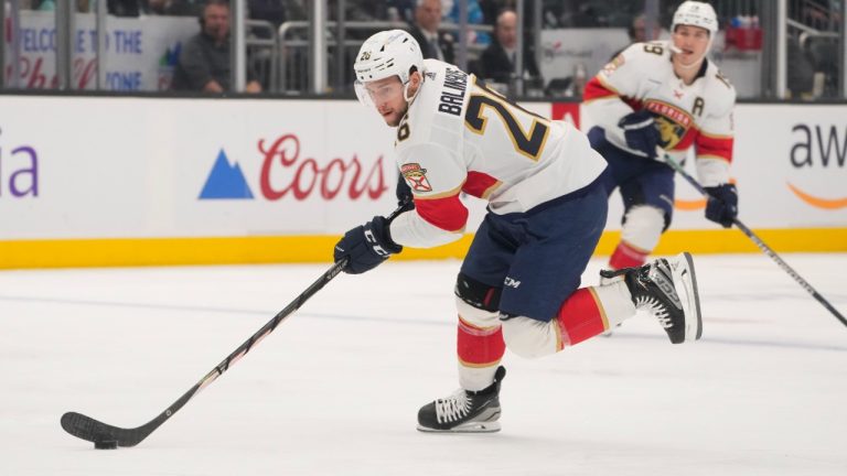 Florida Panthers defenseman Uvis Balinskis in action against the Seattle Kraken during the first period of an NHL hockey game. (Lindsey Wasson/AP)