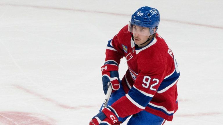 Montreal Canadiens' Nicolas Beaudin skates with the puck during NHL preseason hockey action in Montreal on Friday, Sept. 29, 2023. (Christinne Muschi/CP Photo)