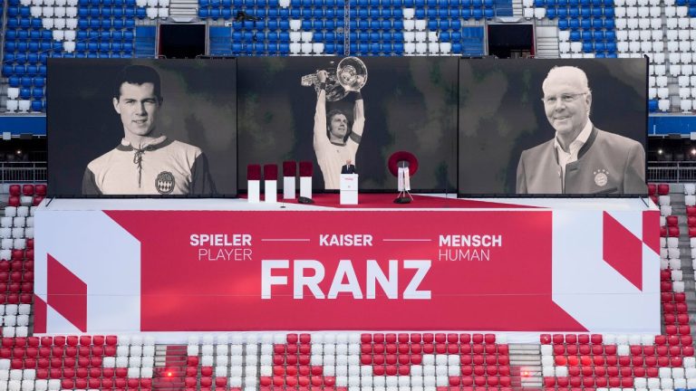 German President Frank-Walter Steinmeier speaks during a memorial service for Bayern and Germany legend Franz Beckenbauer at the Allianz Arena in Munich, Germany, Friday, Jan. 19, 2024. (Matthias Schrader/AP Photo)