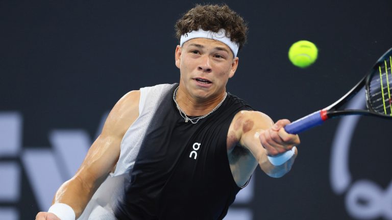 Ben Shelton of the U.S. plays a shot in his match during the Brisbane International tennis tournament in Brisbane, Australia, Monday, Jan. 1, 2024. (Tertius Pickard/AP)