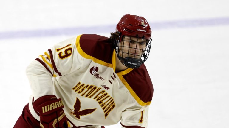 Boston College forward Cutter Gauthier (19) skates before the start of an NCAA hockey game against Denver on Saturday, Oct. 21, 2023, in Chestnut Hill, Mass. (Greg M. Cooper/AP)