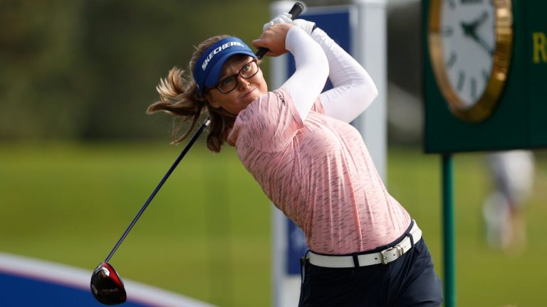 Brooke Henderson watches her tee shot on the 18th hole during the first round of an LPGA golf tournament Thursday, Nov. 9, 2023, in Belleair, Fla. (Scott Audette/AP Photo)