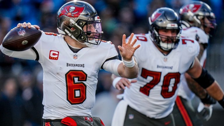 Tampa Bay Buccaneers quarterback Baker Mayfield (6) passes against the Carolina Panthers during the second half of an NFL football game, Sunday, Jan. 7, 2024, in Charlotte, N.C. (Rusty Jones/AP)