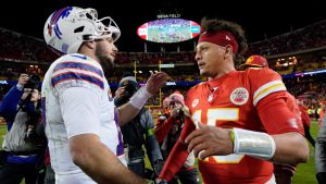 Buffalo Bills quarterback Josh Allen #17 and Kansas City Chiefs quarterback Patrick Mahomes #15 meet after an NFL game Sunday, Dec. 10, 2023 in Kansas City, Mo. (Ed Zurga/AP)