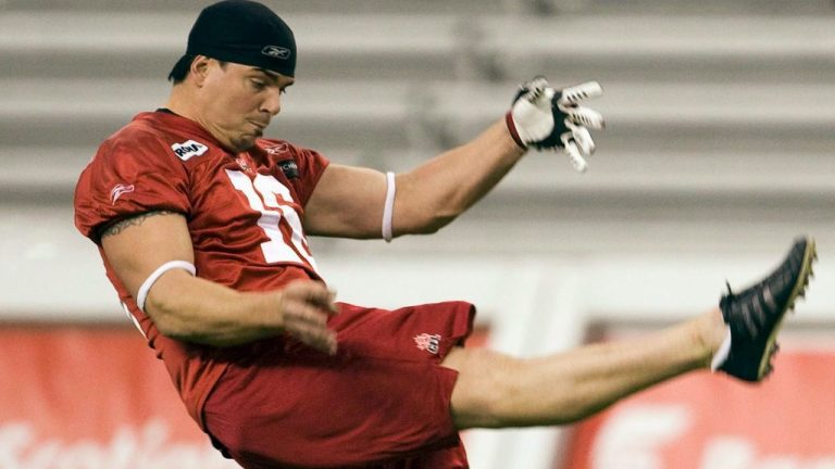 Calgary Stampeders kicker Burke Dales works on his punts during practice in Montreal. (Ryan Remiorz/CP)