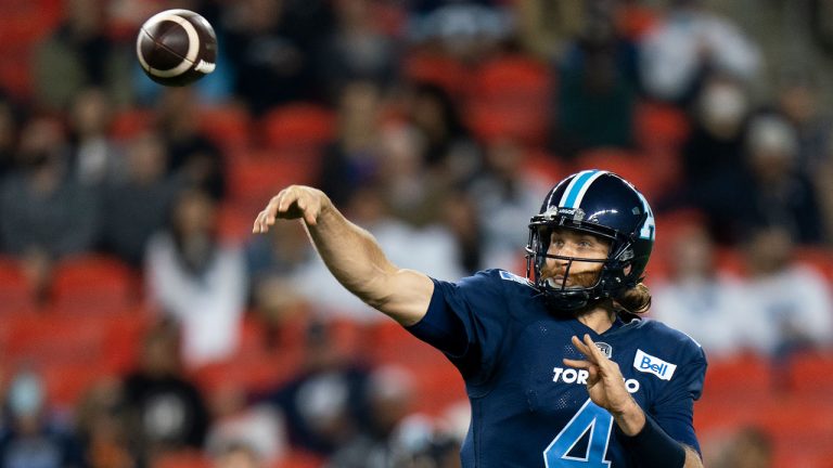 Toronto Argonauts quarterback McLeod Bethel-Thompson (4) throws the ball while playing against the Ottawa Redblacks during first half CFL football action in Toronto on Wednesday, October 6, 2021. (Nathan Denette/CP)