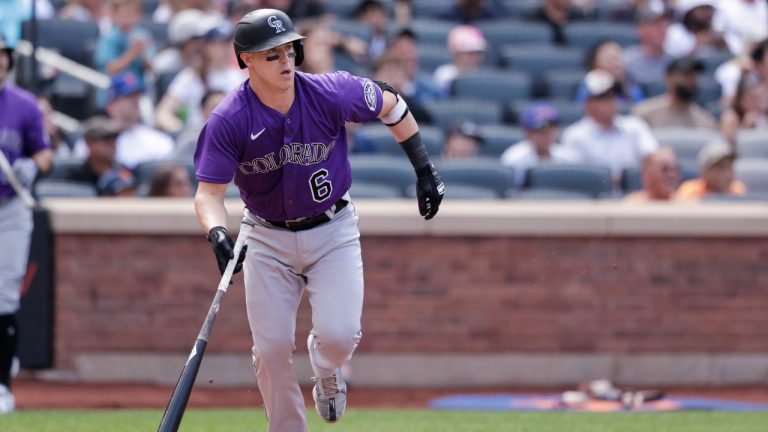 Colorado Rockies' Brian Serven watches his sac fly that scores C.J. Cron in the seventh inning of a baseball game against the New York Mets, Sunday, Aug. 28, 2022, in New York. (Corey Sipkin/AP) 