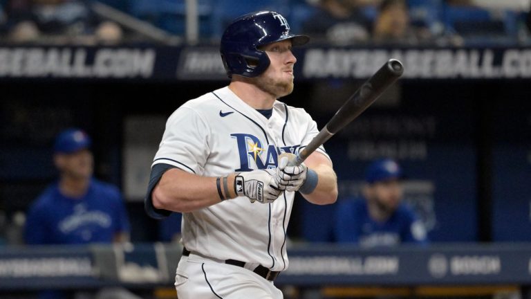 Tampa Bay Rays' Luke Raley watches his solo home run off Toronto Blue Jays' Chris Bassitt during the seventh inning of a baseball game Monday, May 22, 2023, in St. Petersburg, Fla. (Steve Nesius/AP)