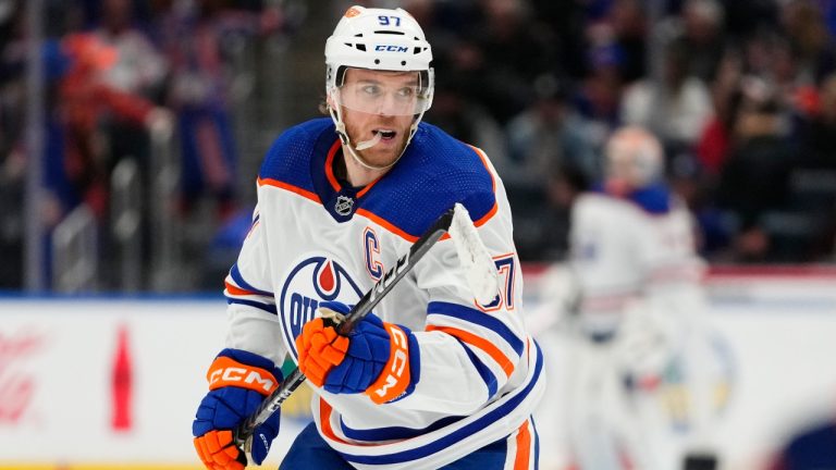 Edmonton Oilers' Connor McDavid (97) during the first period of an NHL hockey game against the New York Islanders Tuesday, Dec. 19, 2023, in Elmont, N.Y. (AP Photo/Frank Franklin II) 