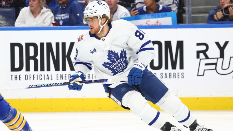 Toronto Maple Leafs right wing William Nylander (88) skates during the first period of an NHL hockey game against the Buffalo Sabres Thursday, Dec. 21, 2023, in Buffalo, N.Y. (Jeffrey T. Barnes/AP) 