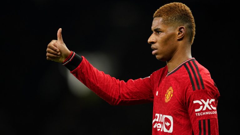 Manchester United's Marcus Rashford gestures during the English Premier League soccer match between Manchester United and Aston Villa at the Old Trafford stadium in Manchester, England, Tuesday, Dec. 26, 2023. (Dave Thompson/AP) 