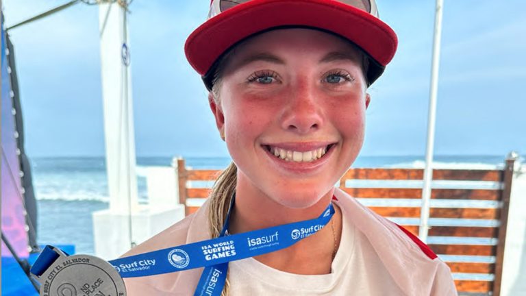 Teenager surfer Erin Brooks is shown June 7, 2023, at the ISA World Surfing Games in this handout image, where she won silver in the women’s shortboard event. (CP/HO-Surf Canada-Dom Domic)