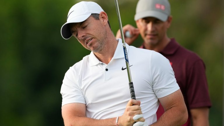 Rory McIlroy of Northern Ireland reacts on 11th hole during the first round of the Hero Dubai Desert Classic golf tournament, in Dubai, United Arab Emirates, Thursday, Jan. 18, 2024. (AP)