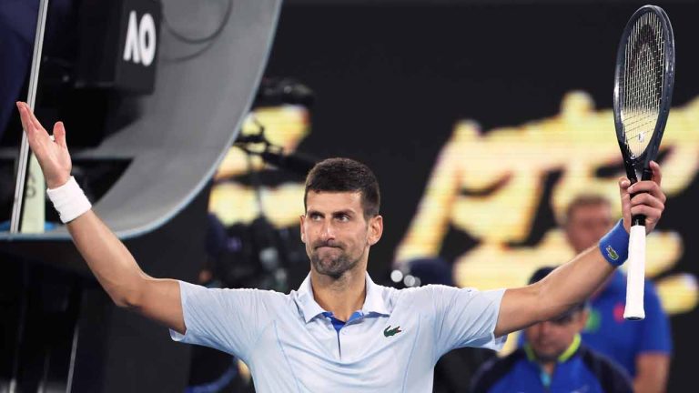 Novak Djokovic of Serbia reacts after defeating Adrian Mannarino of France in their fourth round match at the Australian Open tennis championships at Melbourne Park, Melbourne, Australia, Sunday, Jan. 21, 2024. (Asanka Brendon Ratnayake/AP)