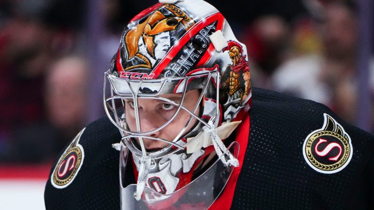 Ottawa Senators goaltender Mads Sogaard (40) gets ready for a face-off while taking on the New York Rangers during second period NHL hockey action in Ottawa on Saturday, Jan. 27, 2024. THE CANADIAN PRESS/Sean Kilpatrick 