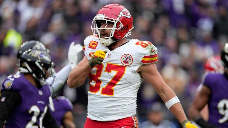 Kansas City Chiefs tight end Travis Kelce (87) celebrates his touchdown during the first half of the AFC Championship NFL football game against the Baltimore Ravens, Sunday, Jan. 28, 2024, in Baltimore. (Nick Wass/AP)