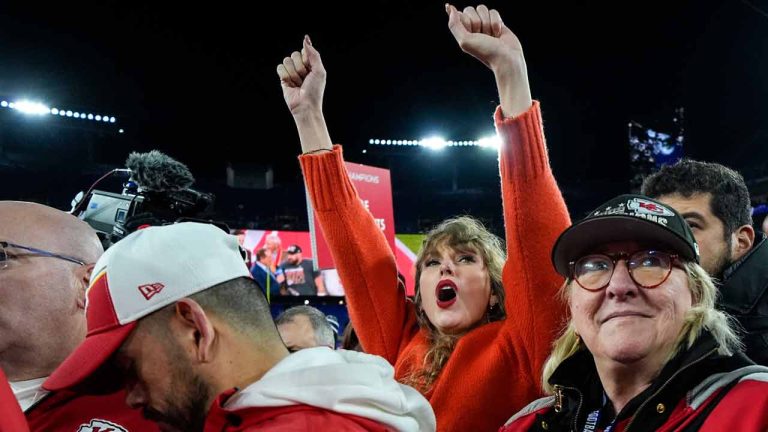 Taylor Swift, left, and Donna Kelce watch the Kansas City Chiefs receive the Lamar Hunt trophey after an AFC Championship NFL football game between the Baltimore Ravens and the Kansas City Chiefs, Sunday, Jan. 28, 2024, in Baltimore. The Kansas City Chiefs won 17-10. (Julio Cortez/AP)