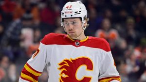 Calgary Flames' Connor Zary in action during an NHL hockey game against the Philadelphia Flyers, Saturday, Jan. 6, 2024, in Philadelphia. (Derik Hamilton/AP)