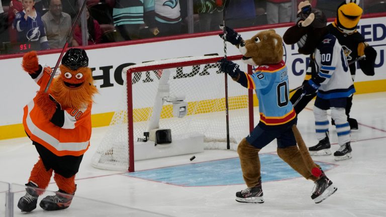 Hockey mascots celebrate after Stanley C. Panther scores a goal during the NHL All Star Skills Showcase, Friday, Feb. 3, 2023, in Sunrise, Fla. (Lynne Sladky/AP) 